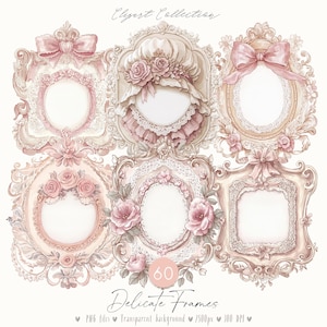 Könnte beinhalten: Satz von sechs zarten, verzierten Rahmen mit rosa und weißen floralen Akzenten. Die Rahmen sind perfekt, um Ihren Projekten einen Hauch von Vintage-Charme zu verleihen.