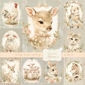 Rustieke dieren 55 afbeeldingen: vintage bos clipart, shabby chic boerderijdieren, Cottagecore ephemera, rustiek plakboek, digitaal papier