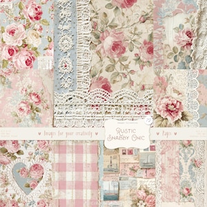 May include: A collage of floral and lace-trimmed paper designs in soft pink, blue, and cream tones. The image features roses, gingham, and vintage ephemera, with the text "Rustic Shabby Chic."