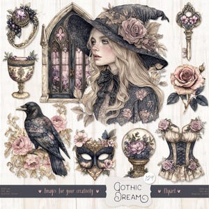 Gothic Dream 129 clipart: aquarel halloween clipart, heks stickers, Dark Academia png-bundel, stickers, digitale download, commercieel gebruik