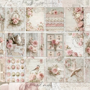 May include: A collection of vintage-style scrapbook papers with floral and lace designs in soft pink, cream, and beige tones. The set includes images of roses, clocks, drawers, and a bird, with the text "The set includes" and "and more..."