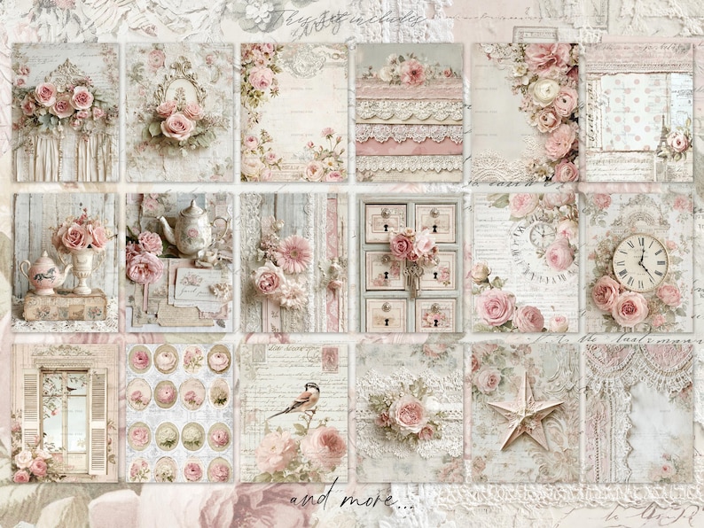 May include: A collection of vintage-style scrapbook papers with floral and lace designs in soft pink, cream, and beige tones. The set includes images of roses, clocks, drawers, and a bird, with the text "The set includes" and "and more..."