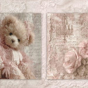 May include: A vintage-style image featuring a plush teddy bear with pink accents and a decorative panel with a rose and chandelier design. The background has a soft, textured appearance with script writing.
