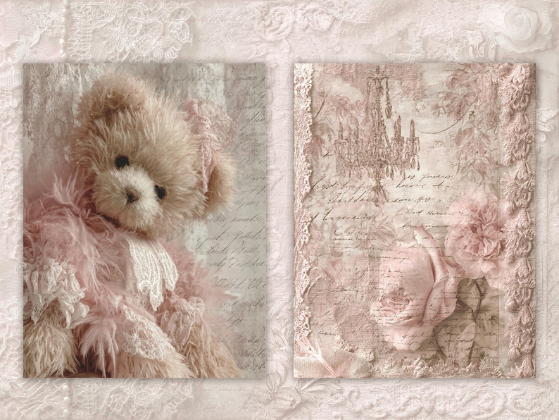 May include: A vintage-style image featuring a plush teddy bear with pink accents and a decorative panel with a rose and chandelier design. The background has a soft, textured appearance with script writing.