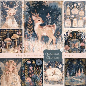 Middernachtbloemen 40 afbeeldingen: aquarel Fairy Woodland Clipart, Mystic Forest, herten, paddenstoelen, sterren, afdrukbaar ongewenste dagboek, kortstondig