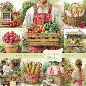 以下が含まれることがあります： 水彩画の市場のシーンのイラスト。トマト、ラズベリー、トウモロコシなどの農産物のバスケット。野菜でいっぱいの木箱を人が持っています。パンとリンゴのバスケットも表示されます。「The Fresh Market」というテキストが表示されます。
