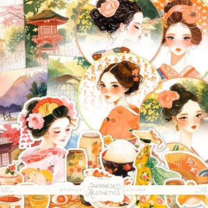 Kit d'éphémères aquarelle esthétique japonais : cuisine asiatique, belles filles, coupes difficiles, cartes ATC de scrapbooking, étiquettes, pack d'autocollants pour agenda, NUMÉRIQUE