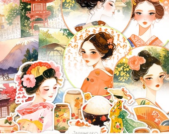 Japanese Aesthetics Watercolor Ephemera kit : Asian food, Nice Girls, Fussy Cuts, Scrapbook ATC Cards, Tags, Planner Sticker Pack, DIGITAL