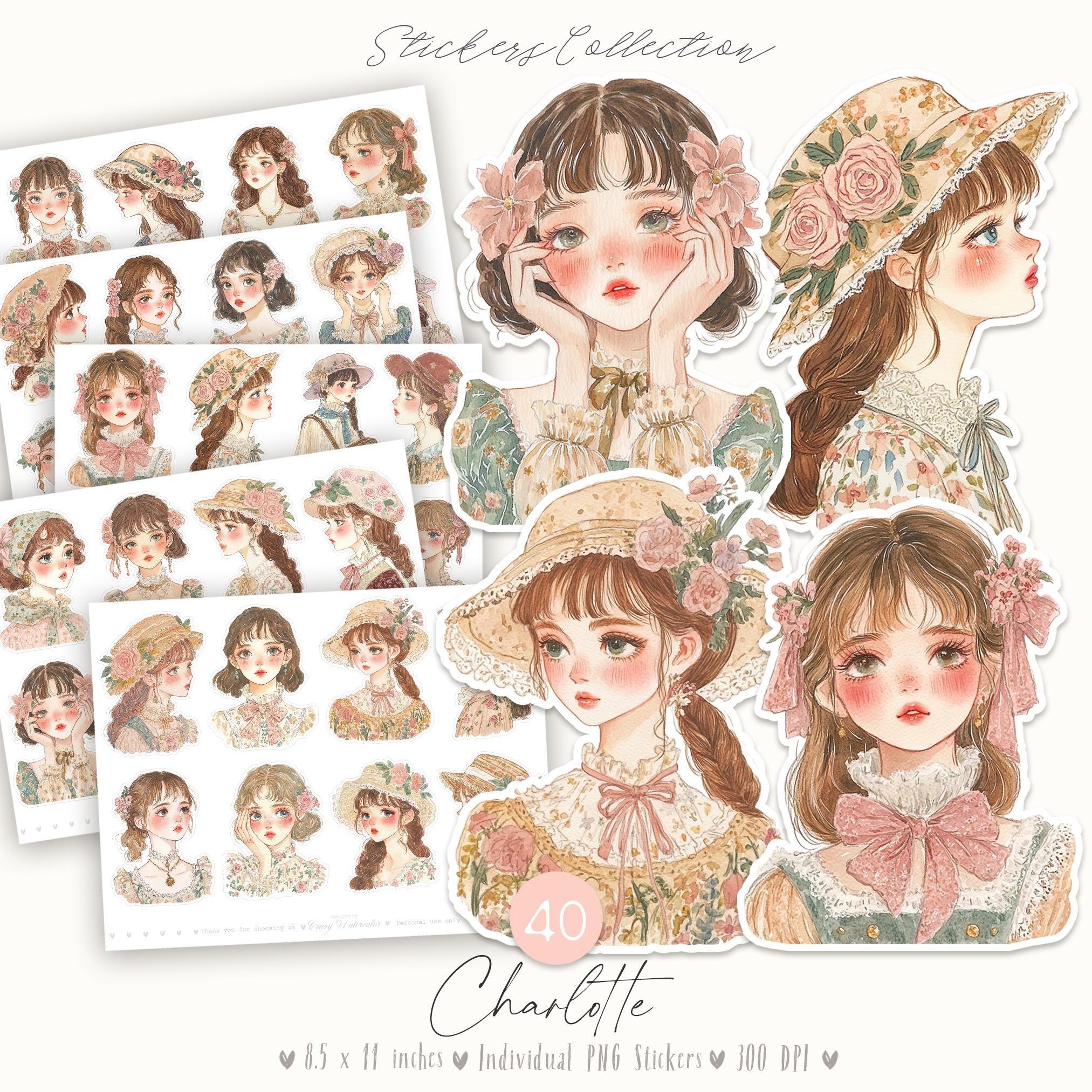 Watercolor Girl Stickers: Charlotte Fussy Cuts, Cottagecore Ephemera (digital Download)