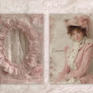May include: Two images. One shows a pink, ruffled oval frame with lace and roses. The other shows a person in a pink dress and hat with a floral accent. The background is a vintage style.