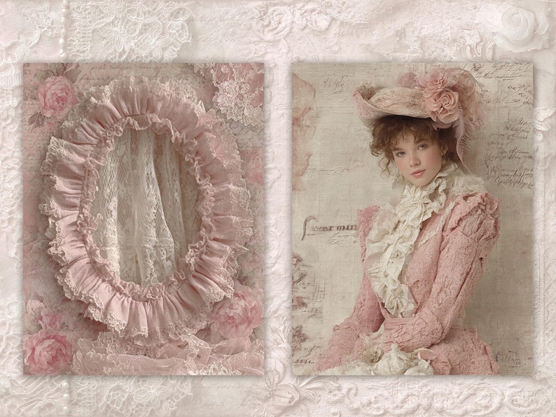May include: Two images. One shows a pink, ruffled oval frame with lace and roses. The other shows a person in a pink dress and hat with a floral accent. The background is a vintage style.