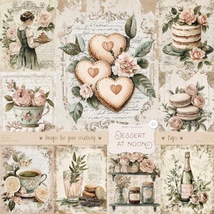 Dessert à midi 60 images, pages : aquarelle pastel shabby chic, gâteaux, goûter, roses, éphémères imprimables beiges vintage, téléchargement numérique