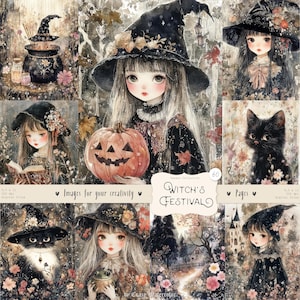 魔女の祭り 60 枚の画像: 水彩ハロウィーン ページ、妖精の魔女、不気味な、かわいいビンテージ印刷可能なスクラップブック エフェメラ デジタル ダウンロード