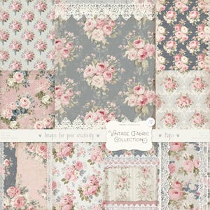 May include: A collection of vintage fabric sheets featuring floral patterns. The designs include bouquets of pink roses on various backgrounds, including gray, pink, and blue. Some sheets have lace trim and the text "Vintage Fabric Collection".