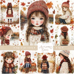 Giorni autunnali 60 Immagini, Pagine: Clipart di ragazza autunnale con acquerello, che cammina, maglione accogliente, scena di paesaggio, sfondo stampabile, download DIGITALE