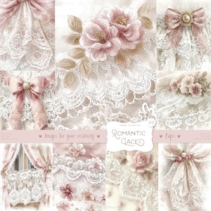 Romantisch kantpagina's 40 afbeeldingen: shabby chic papier, stoffen achtergrond, witte en roze linten, afdrukbaar plakboek Ephemera digitale download