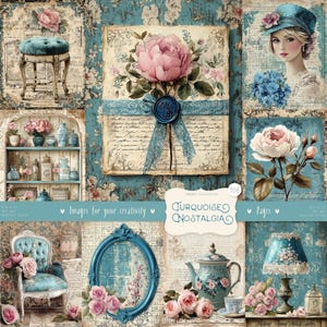 Nostalgie turquoise 106 images, pages : aquarelle pastel shabby chic, gâteaux, vélo, roses, éphémères imprimables bleus vintage, téléchargement numérique