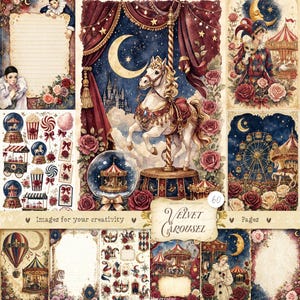 May include: A collection of ephemera pages featuring a central carousel horse, red velvet curtains, a crescent moon, and starry night skies. Includes illustrations of jesters, snow globes, ferris wheels, hot air balloons, and floral accents.