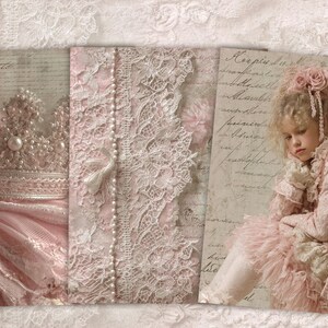 May include: A collage of vintage-style images featuring a pink and white theme. The images include a jeweled crown, lace, pearls, and a young person in a pink dress. The background has a soft, romantic aesthetic.