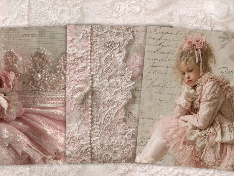 May include: A collage of vintage-style images featuring a pink and white theme. The images include a jeweled crown, lace, pearls, and a young person in a pink dress. The background has a soft, romantic aesthetic.