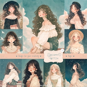 Dreamy Witch 32 Imagens: Clipart de Meninas Românticas, Mulheres Místicas, Celestiais, Fadas, Páginas para Imprimir Scrapbook Ephemera Download DIGITAL Instantâneo