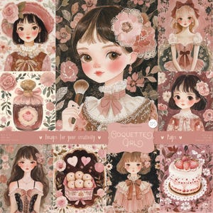 Coquette Girl 125 Bilder: DIGITALE Seiten, Romantische Vintage Cliparts, Romantisches Shabby Chic Journaling Kit, Blumen Pastell Aquarell