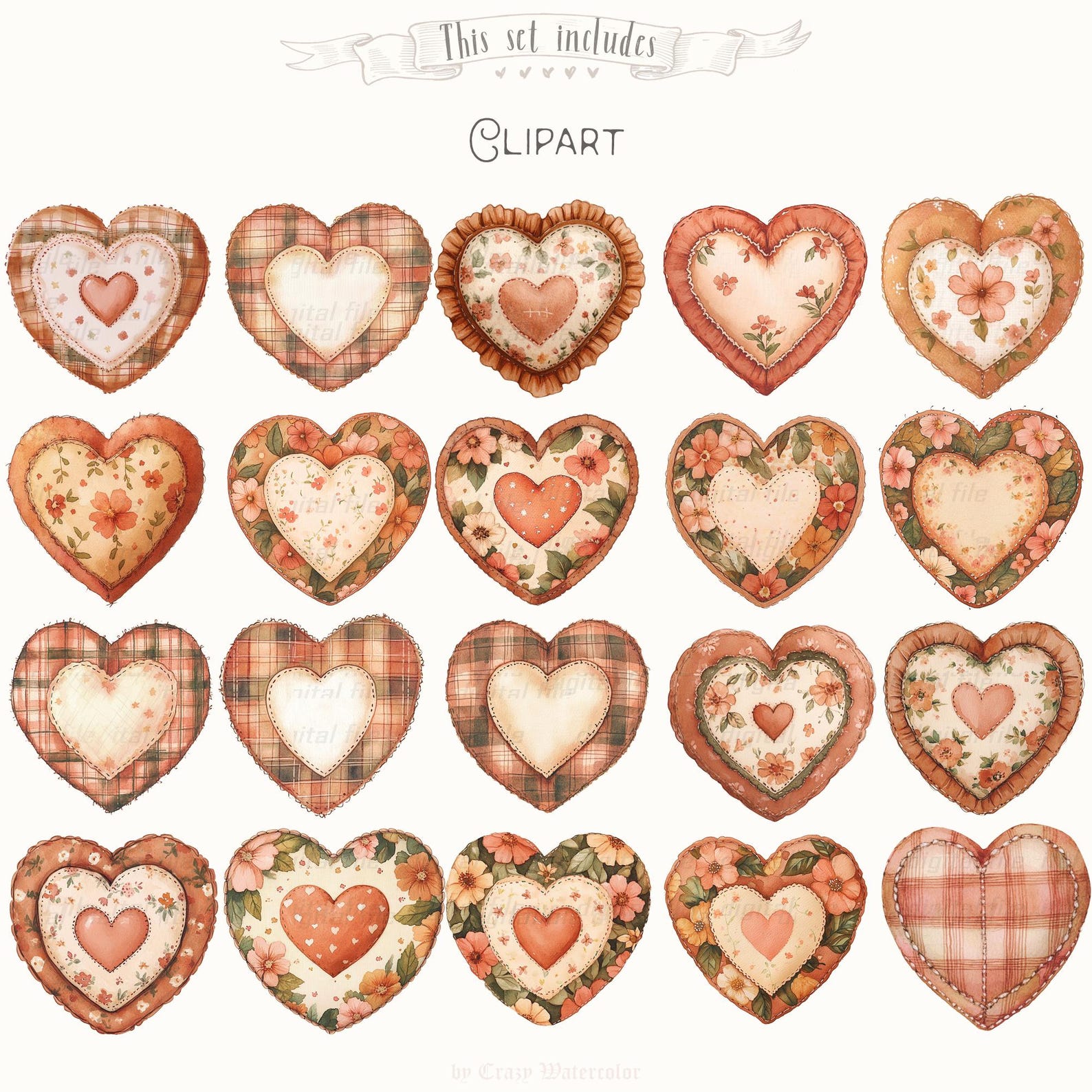 Rustic Heart Printable Rustic Heart Clipart Set: Watercolor Valentine's Day Graphics (digital ...