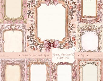 May include: A set of 8 digital scrapbook paper frames with a pink and gold shabby chic design. The frames are decorated with flowers, bows, and ornate details. The text "Pink Shabby Frames" is included in the image.