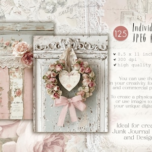 May include: Digital art featuring distressed wooden panels with floral accents and a heart-shaped wreath. The image includes text indicating 125 JPEG files, 8.5 x 11 inches, 300 dpi, and high quality, ideal for junk journal pages and designs.