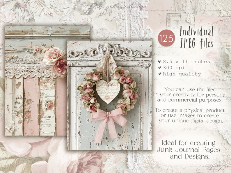 May include: Digital art featuring distressed wooden panels with floral accents and a heart-shaped wreath. The image includes text indicating 125 JPEG files, 8.5 x 11 inches, 300 dpi, and high quality, ideal for junk journal pages and designs.
