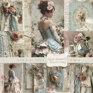 Könnte beinhalten: Eine Collage von Bildern im Vintage- und romantischen Stil. Die Bilder zeigen eine Frau in einem blauen Kleid, Rosen, Spitze und antike Elemente. Der Text "Blue Shabby Collection" ist zu sehen und weckt Nostalgie.