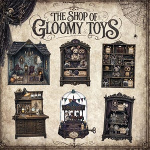 Może przedstawiać: Kolekcja miniaturowych przedmiotów w stylu gotyckim zatytułowana The Shop of Gloomy Toys, zawierająca pokój dla lalek, dwie półki z pluszakami, drewniany stół warsztatowy, pozytywkę w kształcie karuzeli oraz szafkę z marionetkami.