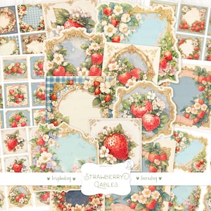 Kit éphémères imprimables Strawberry Lables Junk Journal : baies, fruits, coupes difficiles en papier pour cartes, autocollants de scrapbooking vintage, téléchargement numérique
