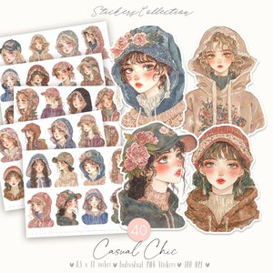 Casual Chic (2) 40 cortes recargados: Acuarela Moda Femenina, Estilo Anime, Pegatinas para Damas, Mujeres Bonitas, Violeta, Efímera de Álbum de Recortes, DIGITAL