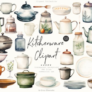 Clipartset keukengerei - aquarelillustratie - transparante achtergrond - commercieel gebruik - digitale bestanden - png - scrapbooking - planner