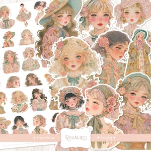 Rosalie 40 Fussy Cuts: adesivi vintage acquerellati, stile anime, shabby chic vittoriano, Regency, effimeri stampabili, download DIGITALE