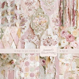 May include: A collage of digital papers with a shabby chic aesthetic. The papers feature floral patterns, butterflies, and distressed textures in soft pink, cream, and green hues. The text "Shabby Collection" is visible.
