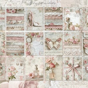May include: A collage of vintage-style scrapbook paper with floral and lace accents. The design features soft pinks, creams, and whites, with elements like roses, butterflies, keys, and a high-heeled shoe. The text "They set includes" is visible.