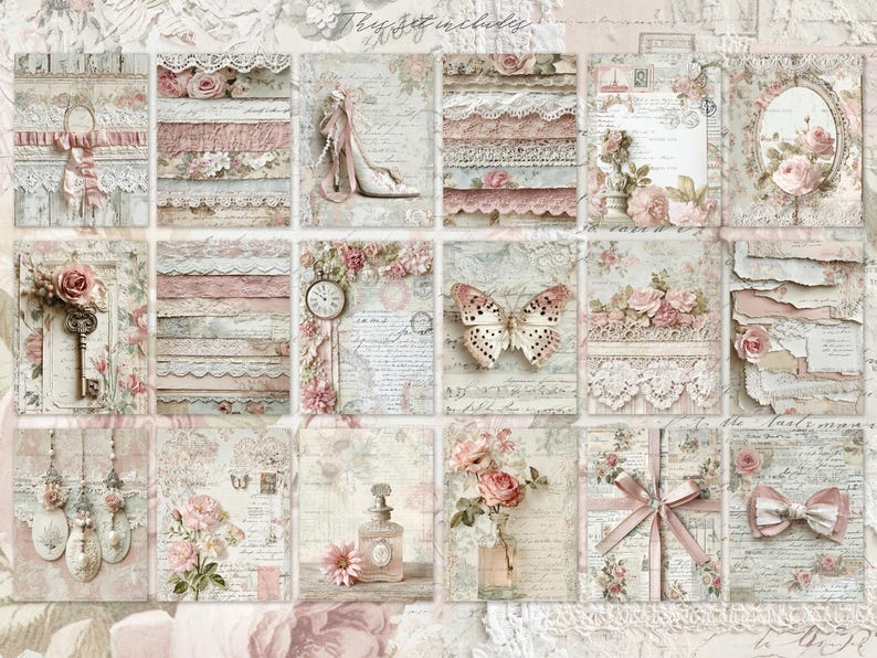 May include: A collage of vintage-style scrapbook paper with floral and lace accents. The design features soft pinks, creams, and whites, with elements like roses, butterflies, keys, and a high-heeled shoe. The text "They set includes" is visible.