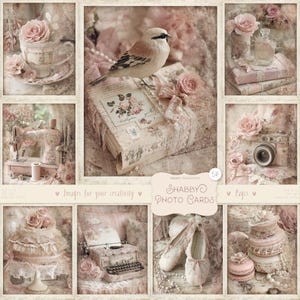 Könnte beinhalten: Eine Collage von Bildern im Vintage-Stil in sanften Rosa- und Cremetönen. Sie enthält einen Vogel, eine Teetasse, eine Nähmaschine, eine Kamera und andere dekorative Gegenstände. Der Text auf dem Bild lautet "Shabby Photo Cards".