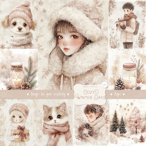 Días de invierno acogedores 60 imágenes, páginas: Clipart de niña linda en acuarela, vacaciones acogedoras en casa, suéter, bosque, fondo imprimible, descarga DIGITAL