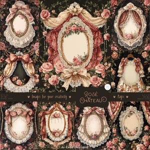 Puede incluir: Un paquete de papel digital con 70 imágenes que incluyen marcos ornamentados, diseños florales y detalles de encaje. Las imágenes son perfectas para scrapbooking, creación de tarjetas y otros proyectos creativos. El paquete se llama "Rose Chateau" y es de Caase Watercolor.