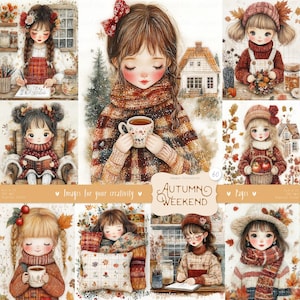 Weekend autunnale 60 immagini, pagine: Clipart di ragazza autunnale con acquerello, hobby per la casa accogliente, maglione, caffè, sfondo stampabile, download DIGITALE