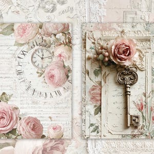 May include: Two vintage-style floral prints. One features a clock face and roses, the other a key and rose. The prints have a distressed, aged appearance with soft pink and cream tones, evoking a romantic, antique aesthetic.