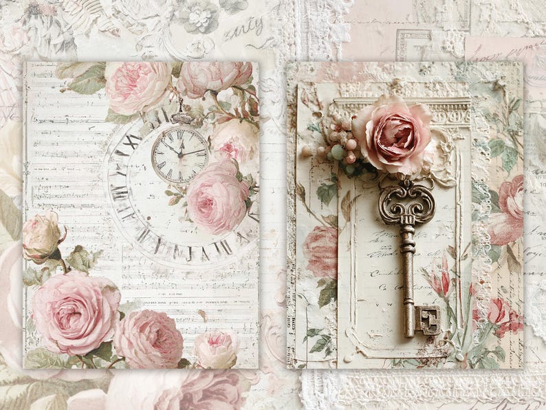 May include: Two vintage-style floral prints. One features a clock face and roses, the other a key and rose. The prints have a distressed, aged appearance with soft pink and cream tones, evoking a romantic, antique aesthetic.