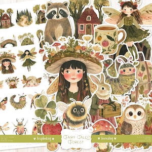 Op de afbeelding: Een set kleurrijke geïllustreerde stickers met een fantasierijk bos-thema. De stickers bevatten een wasbeer, een bij, een paddenstoel, een konijn, een vogel en een fee. De stickers zijn perfect voor scrapbooking, journalen en om een ​​toets magie aan je projecten toe te voegen.
