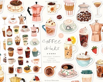 Watercolor Coffee Drinks Stickers: Cafe Clipart, Scrapbook Ephemera (Digital Download)