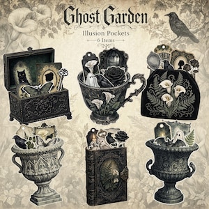 May include: A set of six Ghost Garden Illusion Pockets featuring decorative containers like a chest, teacup, and urns. Each item is filled with gothic-style paper ephemera including images of crows, ghosts, roses, and calla lilies on a beige background.