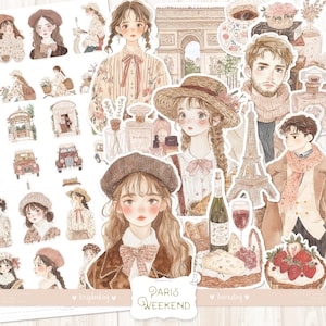 Paris Weekend 100 Fussy Schnitte: Französische Aquarell Aufkleber, Anime style, Mode Frauen, Männer, druckbare Ephemera, DIGITAL Download