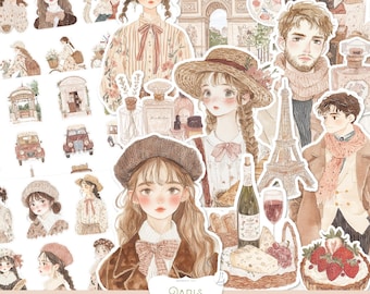 May include: A set of stickers featuring illustrations of people, food, and landmarks in Paris. The stickers are in a watercolor style and feature a light brown and pink color scheme. The stickers are labeled "Scrapbooking", "Paris Weekend", and "Journaling".